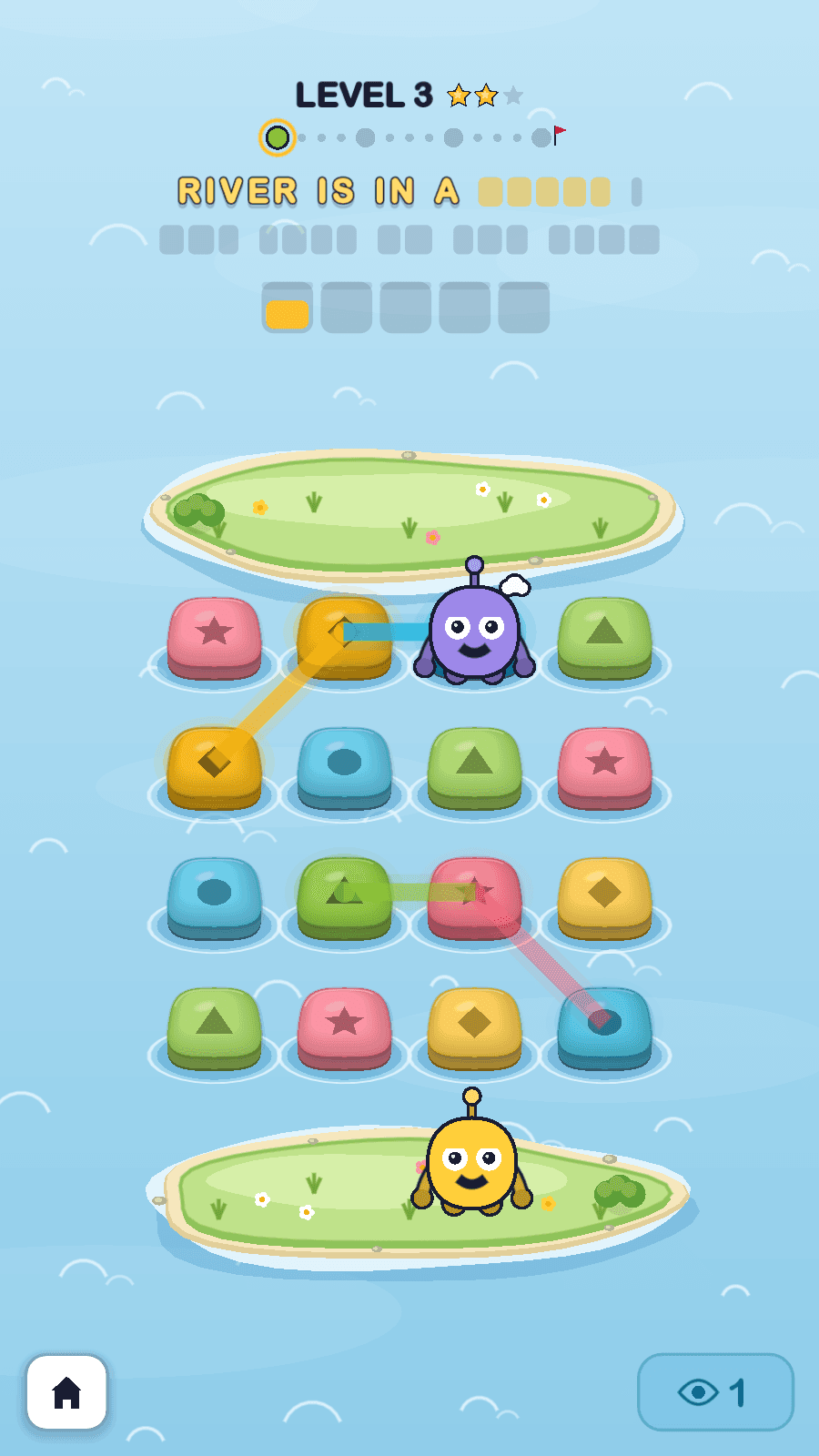 A Hoppy level: blue water edge to edge, a 4x4 grid of coloured rocks with glyphs between two green islands, a purple guide with its arms out standing on a lit rock at the end of a glowing trail, yellow Hoppy waiting on the near island, and a half-spelled sentence under 'Level 3' at the top