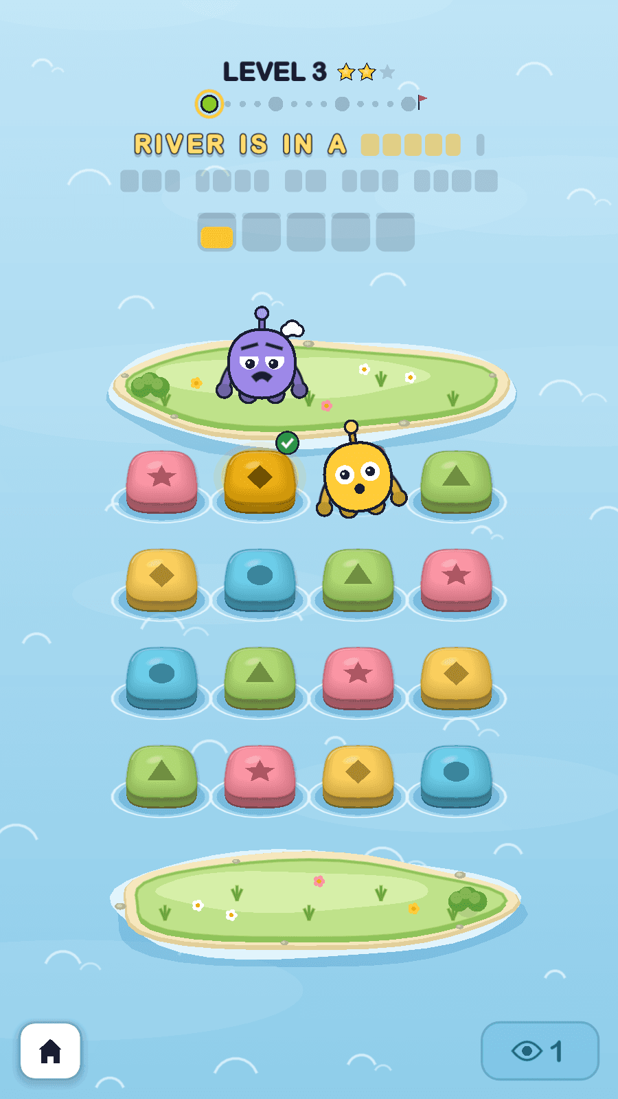 A Hoppy river after a wrong tap: yellow Hoppy on the rock he picked, a green check badge on the amber rock he should have picked, and the purple guide looking glum on the far island