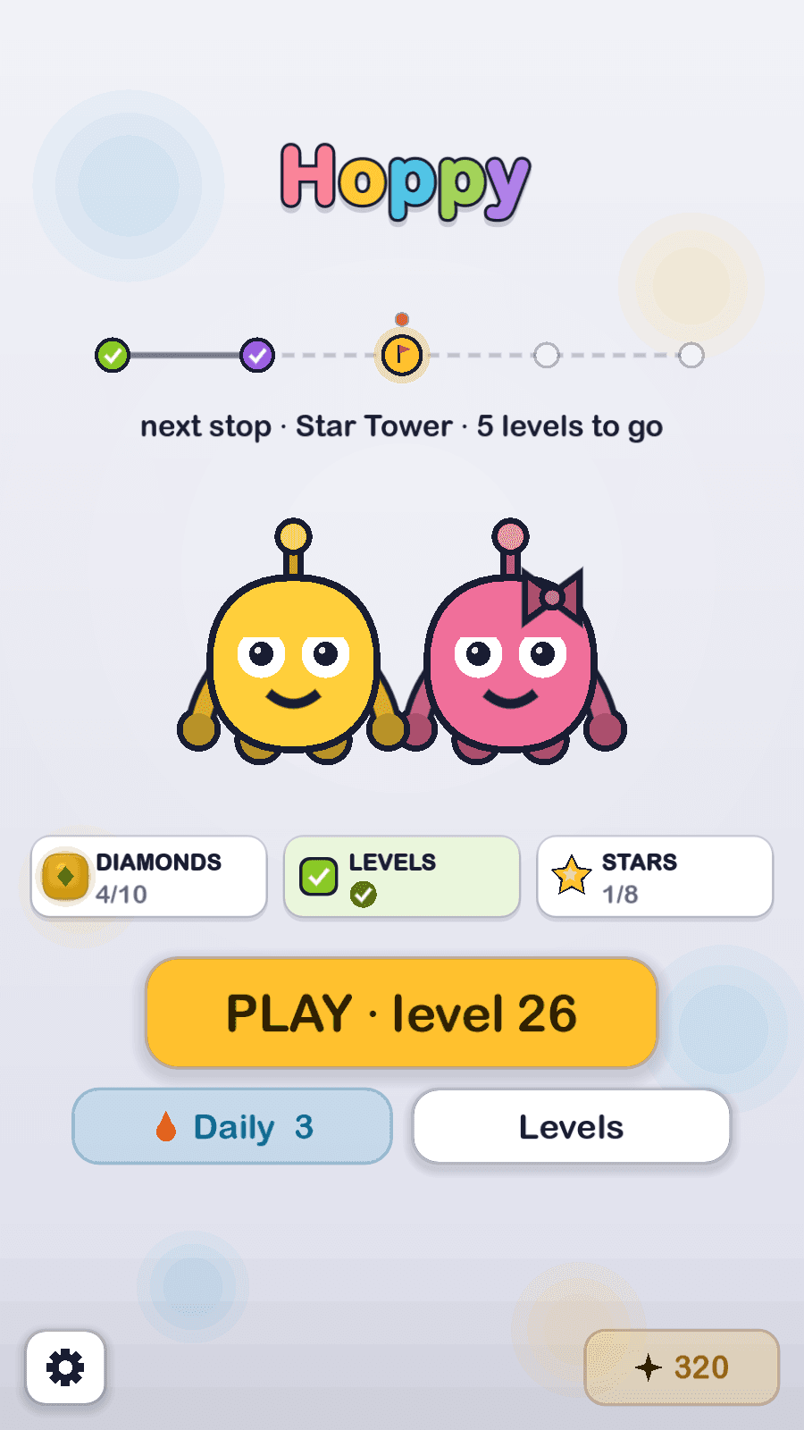 Hoppy's home screen: the name in five colours, a trip strip with two stops checked and 'next stop · Star Tower · 5 levels to go', yellow Hoppy beside pink Pip, three mission chips, a PLAY button for level 26, and Daily and Levels buttons under it